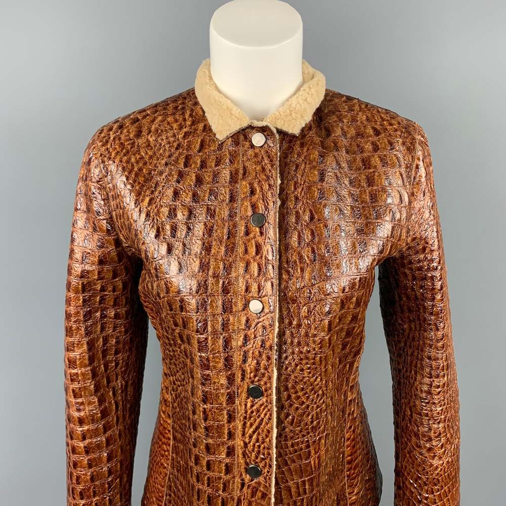 ARMANI COLLEZIONI Size 6 Brown Embossed Leather Jacket - Picture 2 of 6